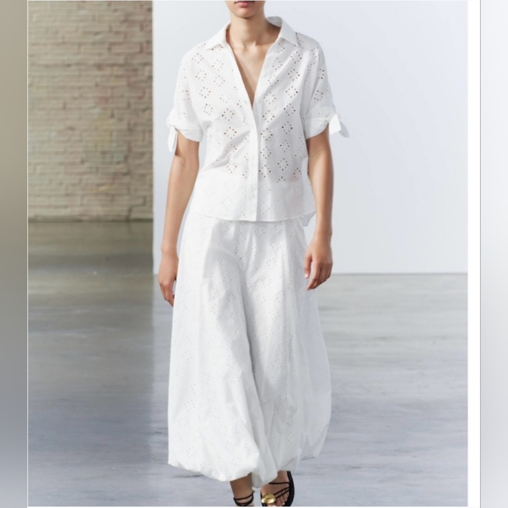 ZARA ZW COLLECTION VOLUMINOUS SKIRT WITH CUTWORK EMBROIDERY OYSTER-WHITE Sz M